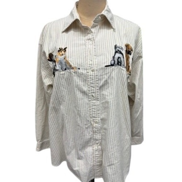 "Casey Coleman" Striped Button Down Shirt Embroid. Dog Tan White NO SIZE TAG L? - Picture 2 of 10